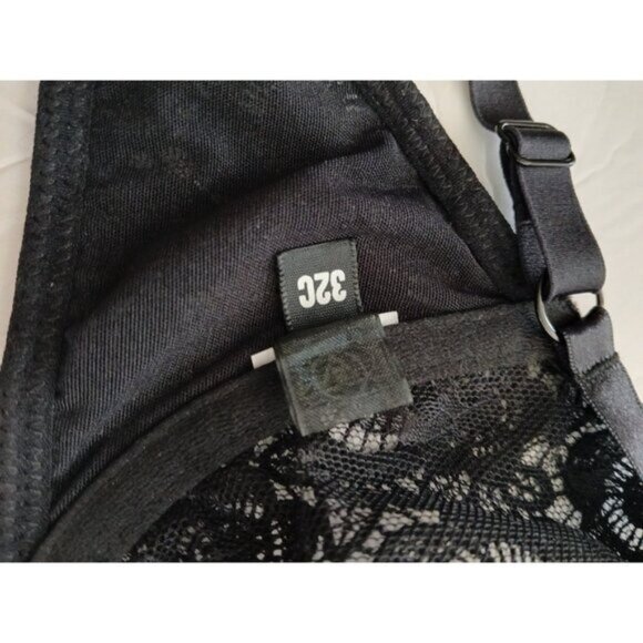 Elegant Black Lace Floral Unlined Demi Underwire Bra 32C Rhinestone Bling Mesh - Picture 8 of 8